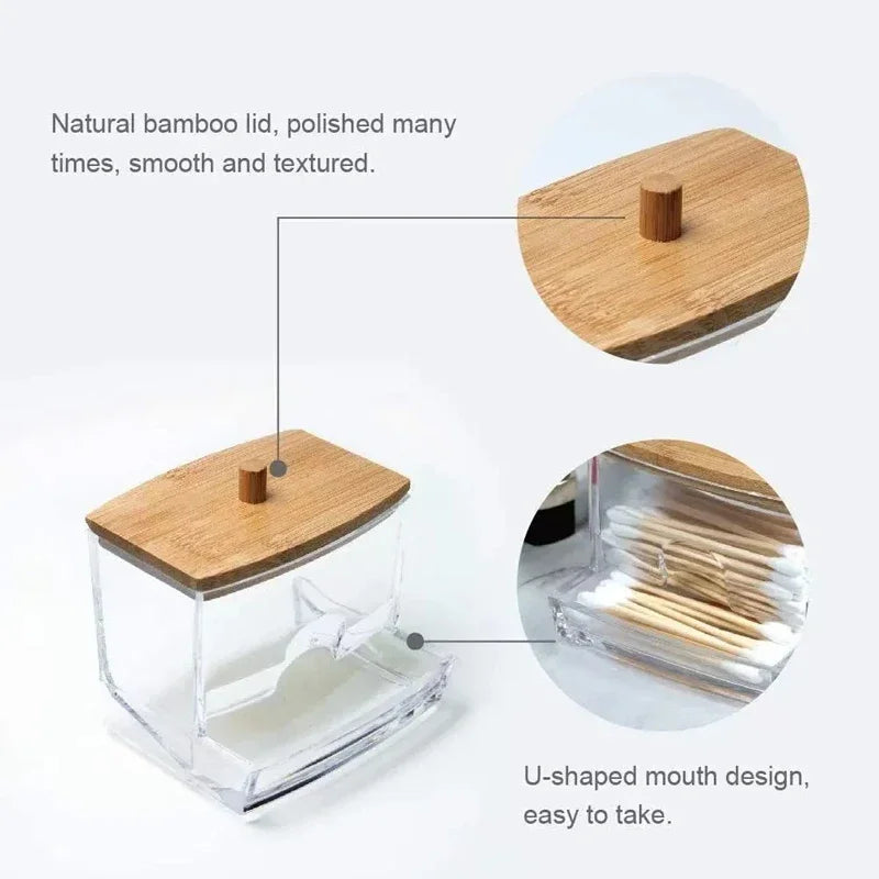 Transparent Cotton Swab Storage Box with Bamboo Lid – Elegant Organizer for Cotton Buds & Toothpicks