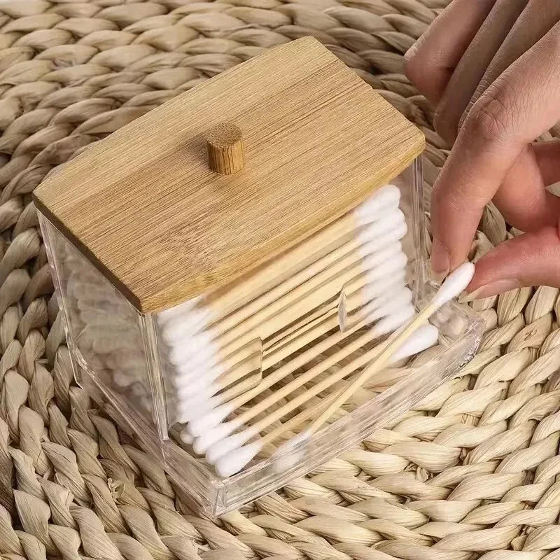 Transparent Cotton Swab Storage Box with Bamboo Lid – Elegant Organizer for Cotton Buds & Toothpicks