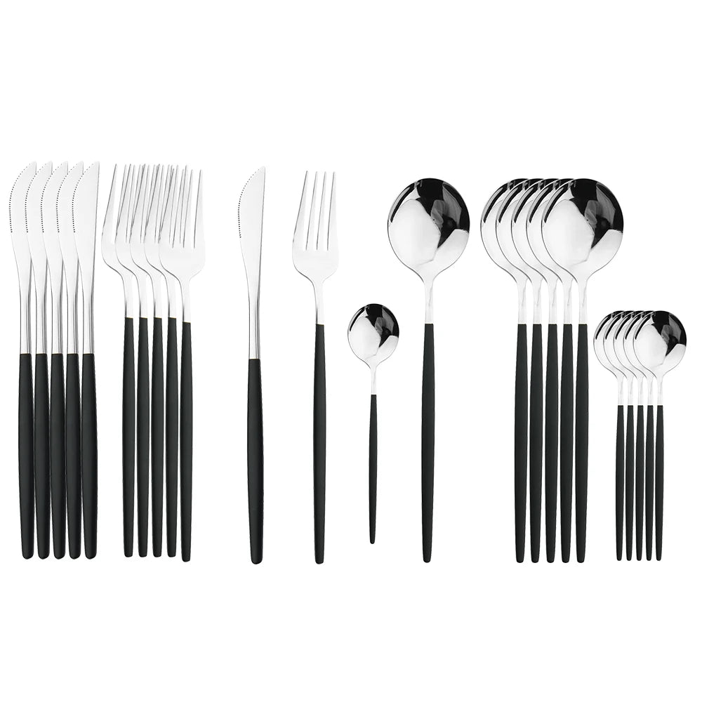 24-Piece Cutlery Set | Black Handles with Gold Accents | Elegant Dinnerware & Gift Set